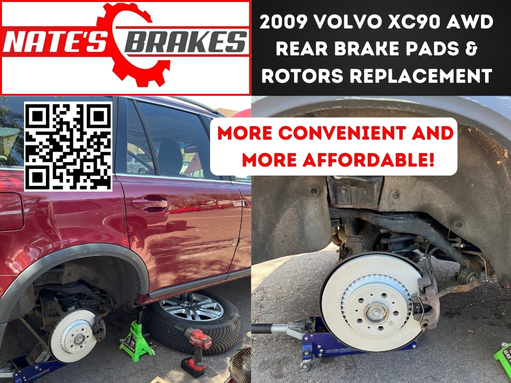 2009 Volvo XC90 AWD lifted for rear brake service. New drilled and slotted rotors installed. Mobile brake repair setup visible, with QR code and Nate’s Brakes branding promoting convenience and affordability.