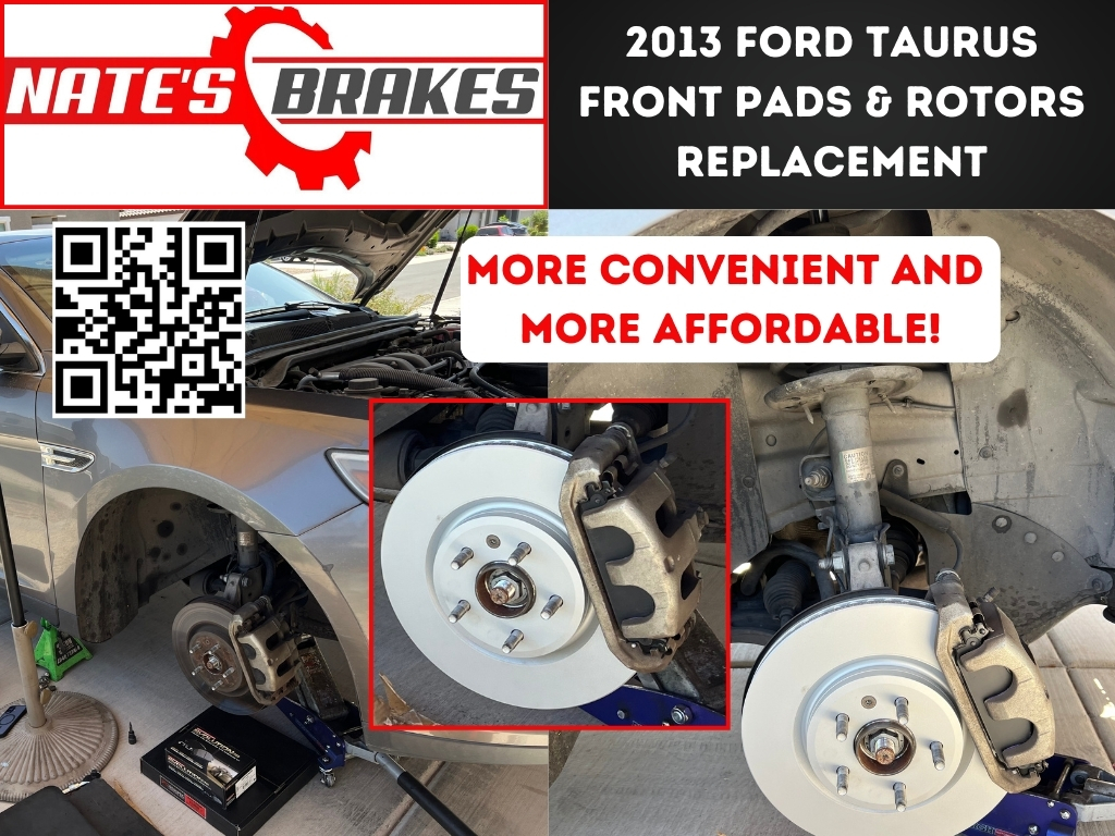 Close-up of new front brake pads and rotors installed on a 2013 Ford Taurus by Nate’s Brakes in Tempe, Arizona.