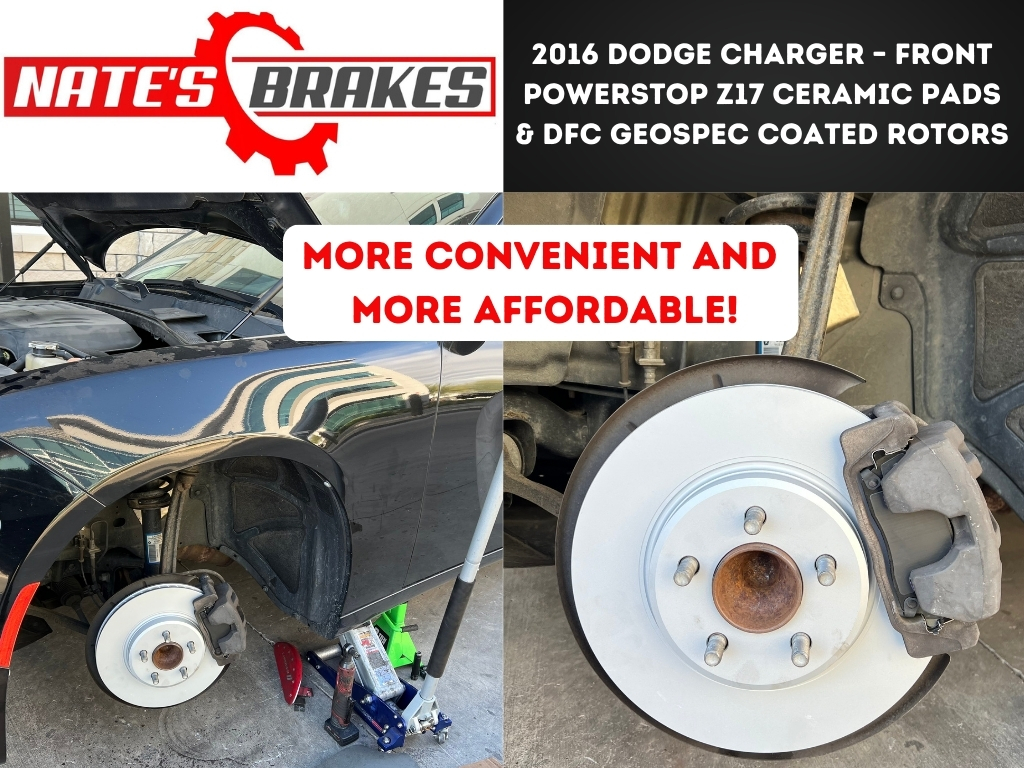 Close-up of a 2016 Dodge Charger undergoing a front brake upgrade with PowerStop Z17 ceramic pads and DFC GeoSpec coated rotors in Tempe, Arizona. The image shows the car lifted with a jack, the wheel removed, and the new brake rotor and caliper installed. The Nate’s Brakes logo and promotional text are displayed at the top.
