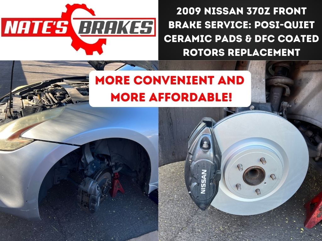 A 2009 Nissan 370Z undergoing front brake service in Tempe, with Posi-Quiet ceramic pads and DFC coated rotors. The car is lifted with a jack, showing the new brake rotor and Nissan-branded caliper installed for improved stopping power.