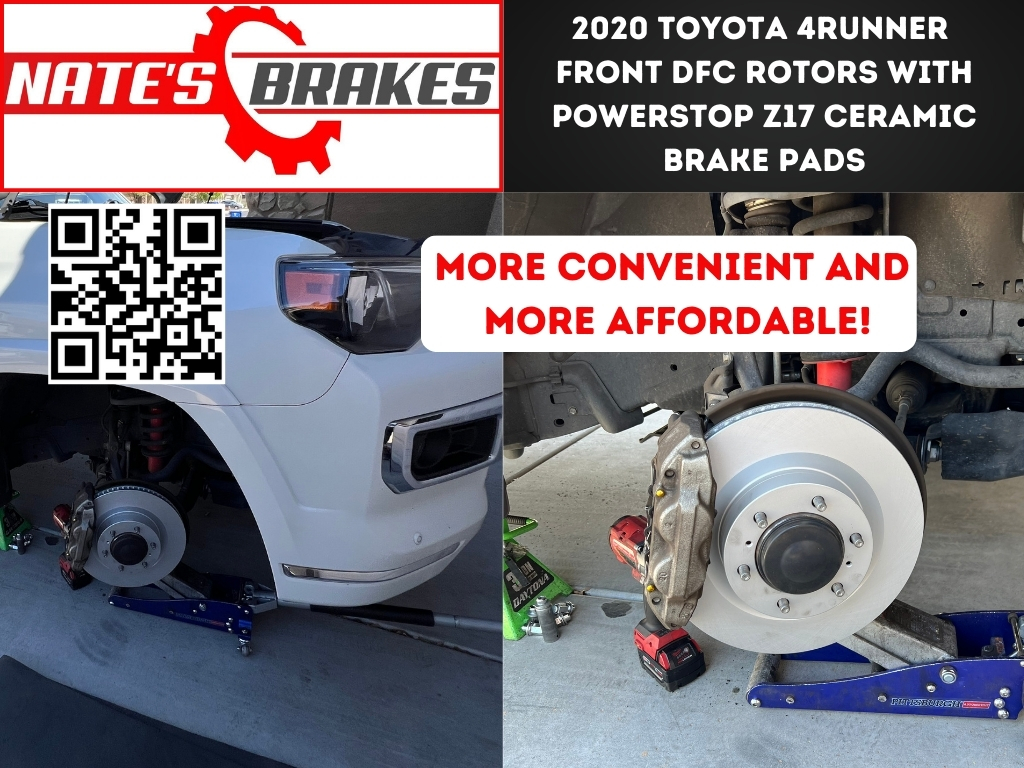 2020 Toyota 4Runner front brake service with DFC rotors and PowerStop Z17 ceramic pads, completed by Nate’s Brakes in Mesa, Arizona.