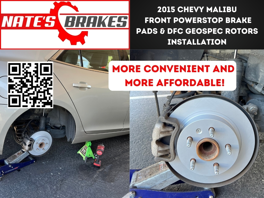 Close-up of front brake rotor and caliper installed on a 2015 Chevy Malibu during mobile brake service in Chandler, AZ. PowerStop brake pads and DFC Geospec rotors shown.