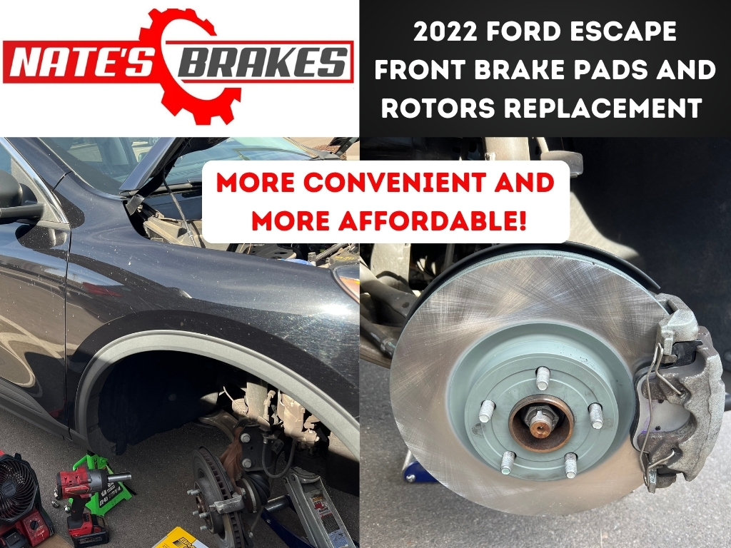 Close-up view of a 2022 Ford Escape undergoing front brake pads and rotors replacement in Gilbert, AZ, with the wheel removed to showcase the newly installed brake components, ensuring optimal safety and performance.