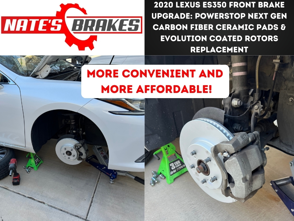 A 2020 Lexus ES350 undergoing a front brake upgrade with PowerStop Next Gen carbon fiber ceramic pads and Evolution coated rotors. The image shows the car lifted on jack stands with the new brake rotors and calipers installed.