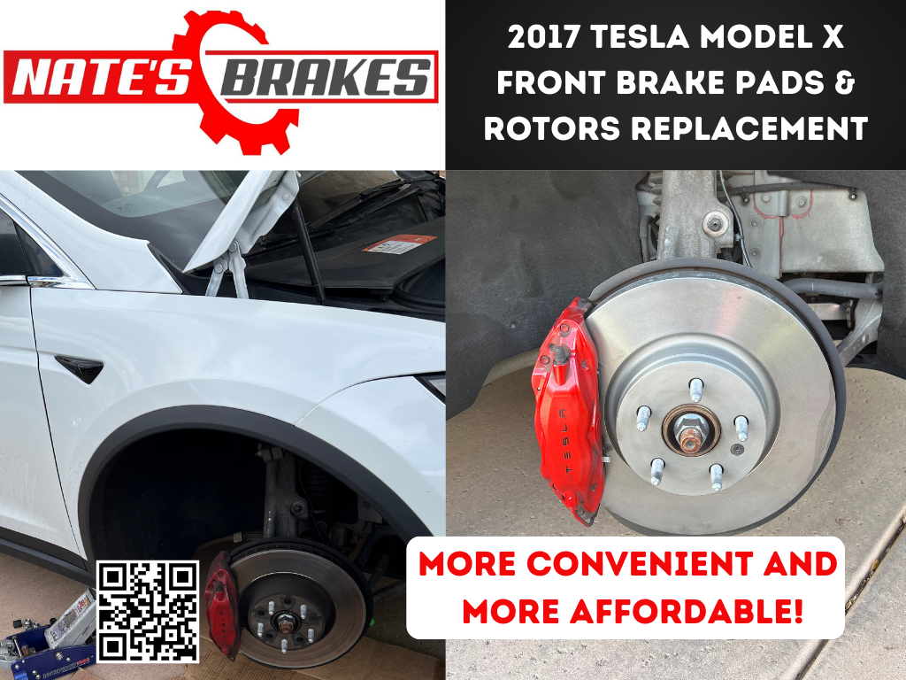 2017 Tesla Model X undergoing front brake pads and rotors replacement in Phoenix, Arizona, performed by Nate’s Brakes. The image shows a close-up of the new brake rotor and red caliper, highlighting professional mobile brake service
