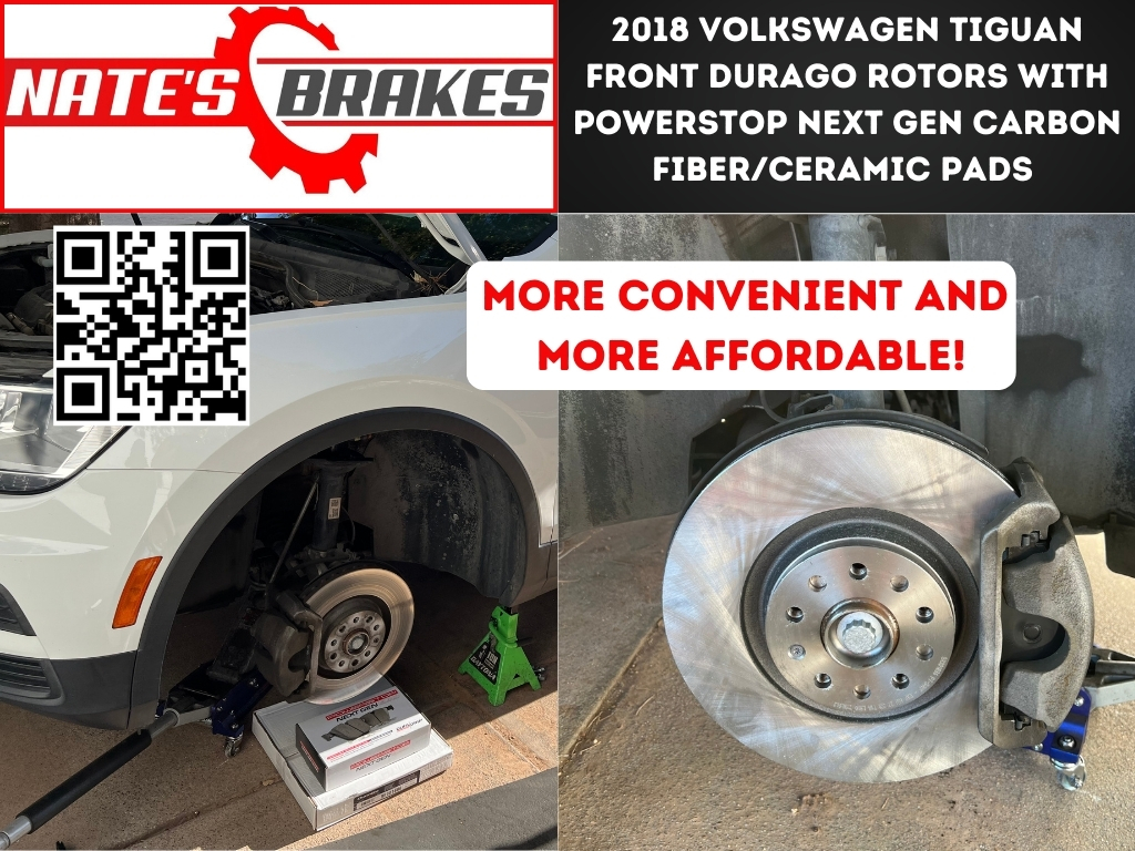 2018 Volkswagen Tiguan front brake service with Durago rotors and PowerStop Next Gen carbon fiber/ceramic pads, completed by Nate’s Brakes in Mesa, Arizona.